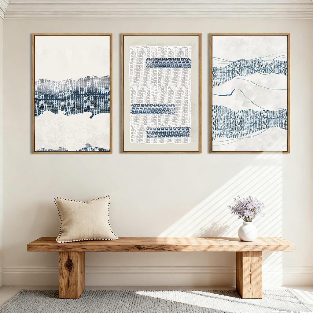 IARTTOP Large Blue Abstract Canvas Wall Art Framed 24x36 Inch Neutral Minimalist Modern Wall Art Mid Century Boho Artwork for Living Room Bedroom Office Set of 3