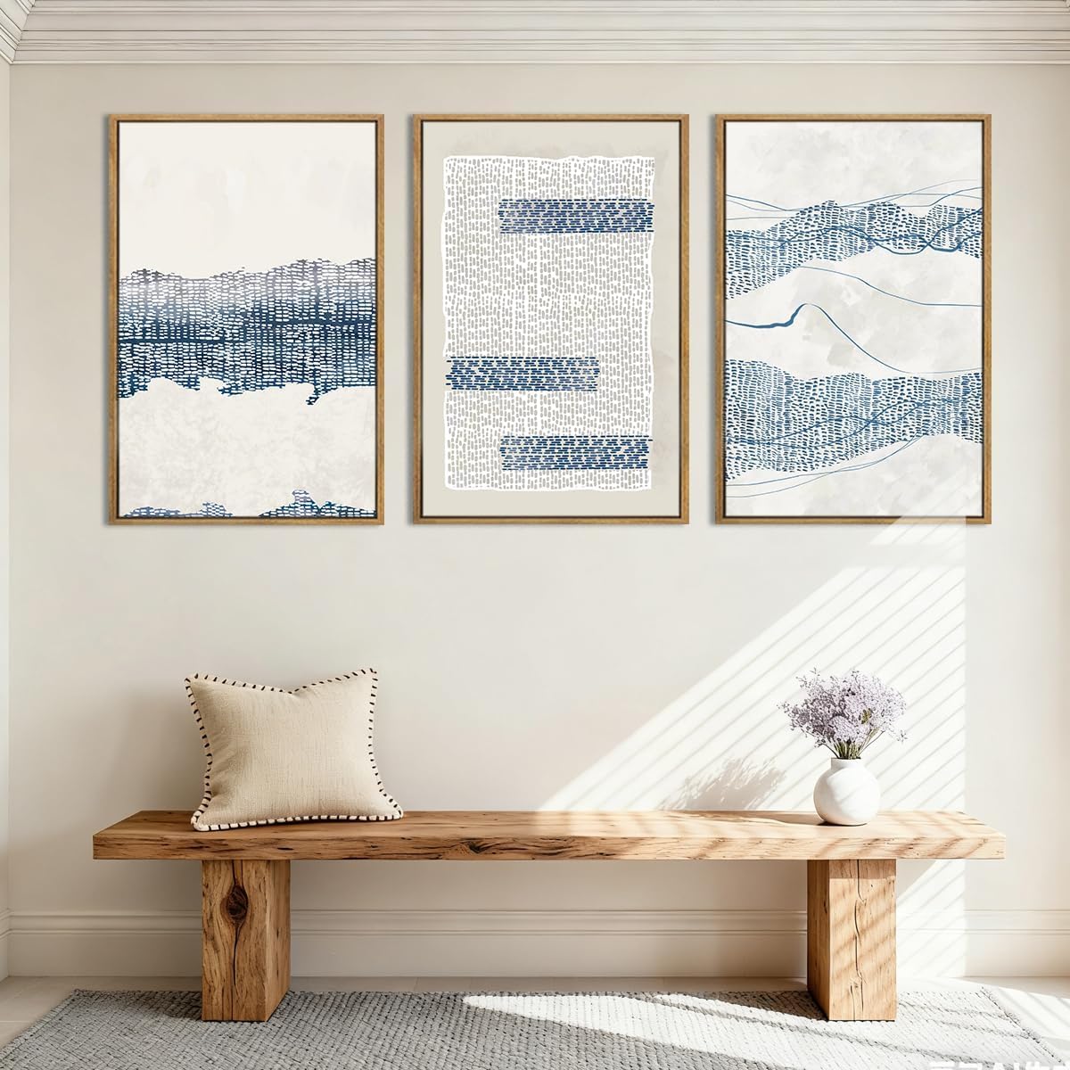 IARTTOP Large Blue Abstract Canvas Wall Art Framed 24x36 Inch Neutral Minimalist Modern Wall Art Mid Century Boho Artwork for Living Room Bedroom Office Set of 3