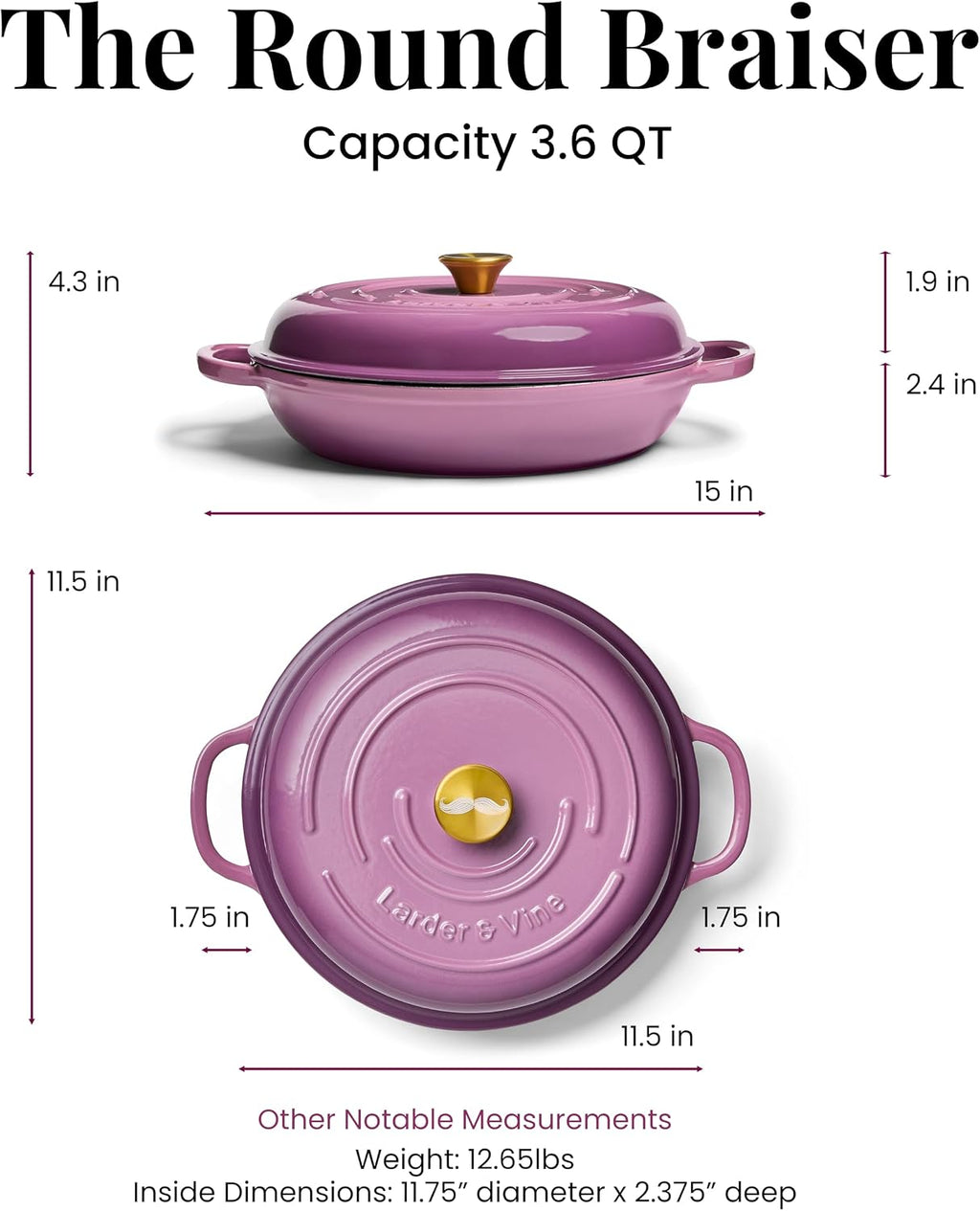 Chef Joe Sasto Enameled Cast Iron Braiser with Lid, for Slow Cooking, Roasting & Searing, Oven Safe, Induction Compatible, Easy-Clean Finish