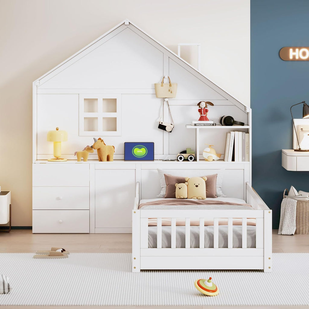 VilroCaz Twin Size Kids Floor Bed with Safety Fence, Solid Wood Montessori Platform Bed with House Shape Headboard with Bedside Drawers, Shelves, Sockets and USB Port for Kids Boys Girls (White-LT1)