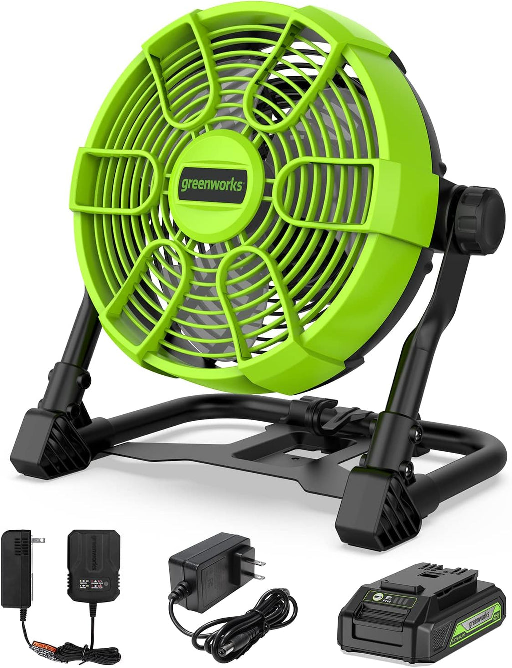 Greenworks 24V 10' (5-Speed) Fan (500 CFM), Hybrid (AC / DC), 2.0 Ah USB (Power Bank) Battery and Charger Included