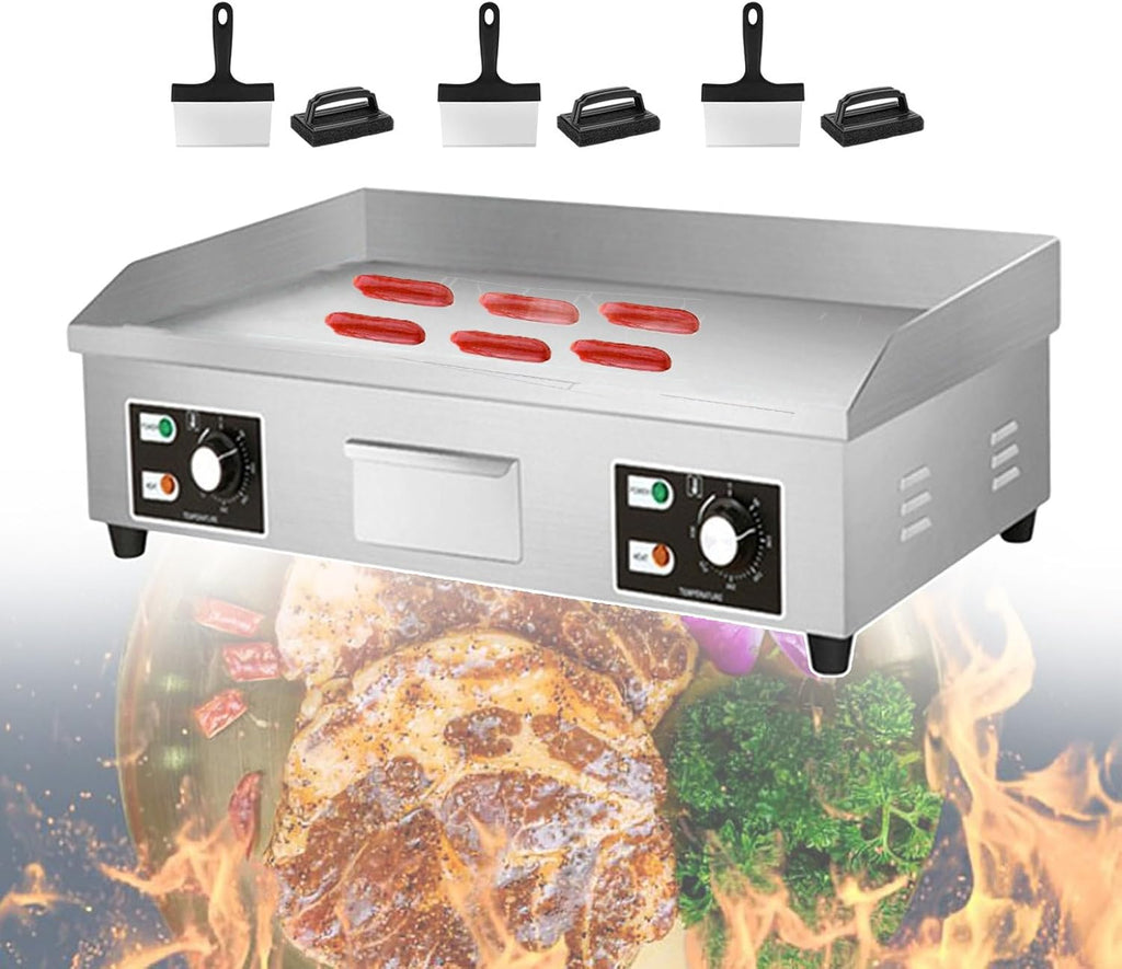 Commercial Electric Griddle & Electric Flat Top Grill & Stainless Steel Pancake Maker with 3 Cleaning Shovel and 3 Cleaning Brush, Dual Temperature Control Knob: 50°C-300,3500W