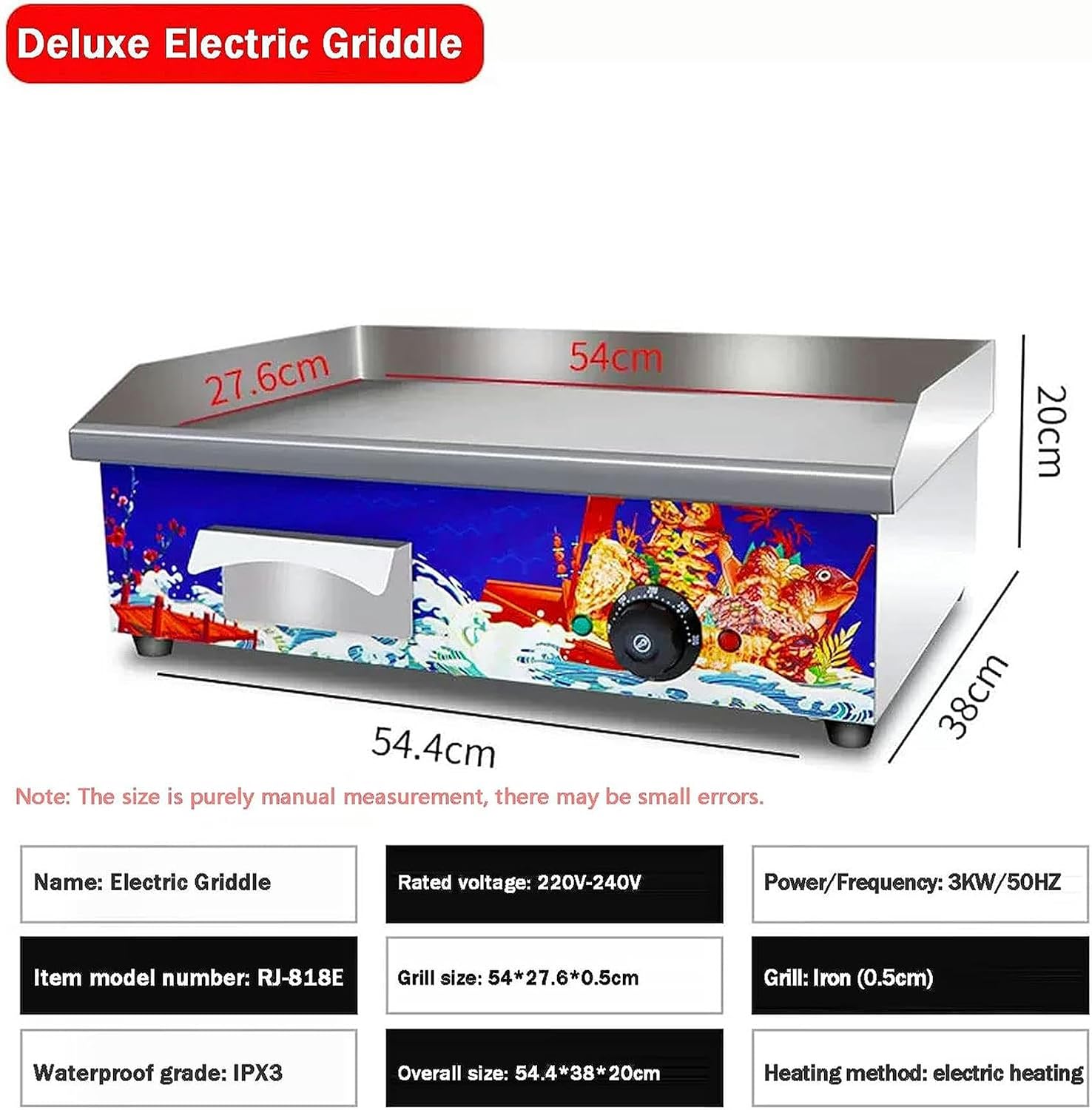 Electric Griddles, Large Electric Griddle Hot Cooking Plate, 220-240V Commercial Stainless Steel Efficient Nonstick Adjustable Countertop Hot Plate BBQ Grill for Barbecue Omelette Fried Food