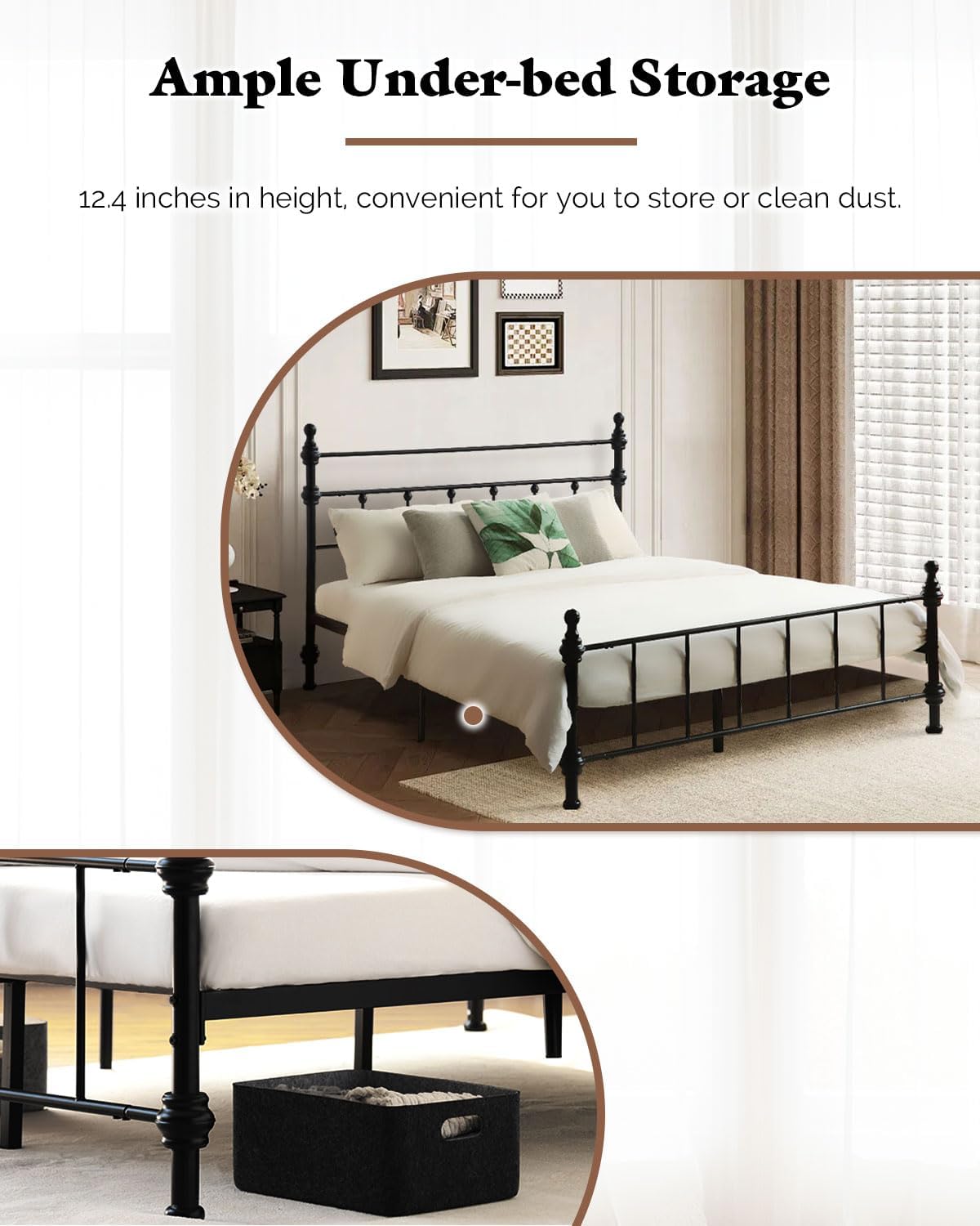 Full Size Bed Frame, Metal Platform Bed with Straight Headboard, Retro Luxury Roman Column, Easy Set up, No Box Spring Needed, Storage Space Under-Bed (Full)