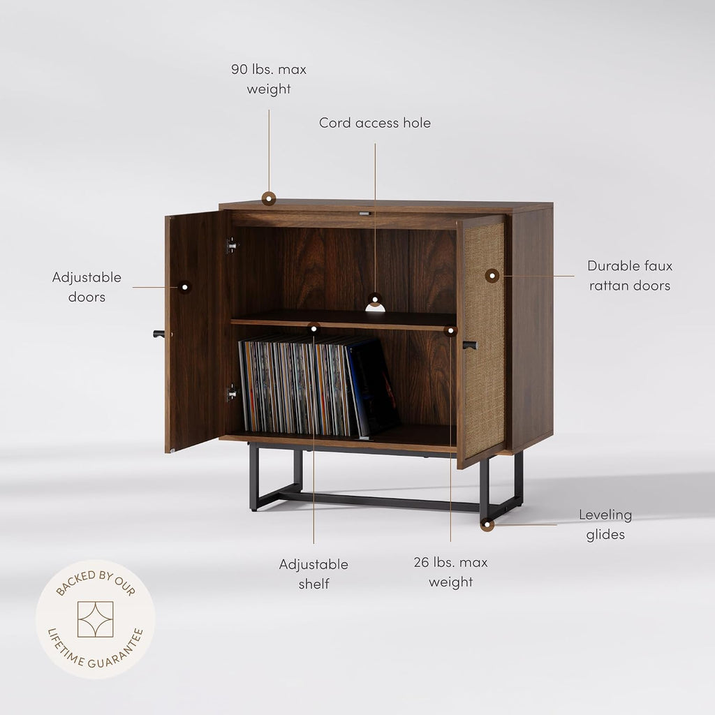 Nathan James Kova Bohemian Rattan Accent Sideboard Storage Cabinet, with Doors and Matte Black Legs, Dark Brown/Black