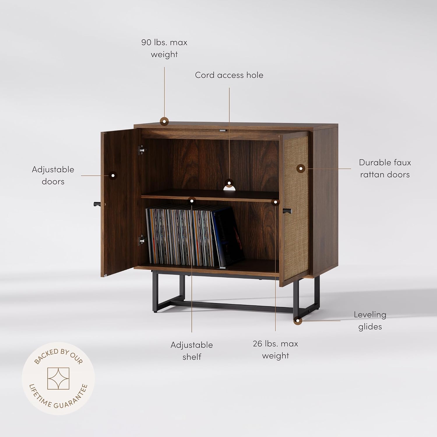 Nathan James Kova Bohemian Rattan Sideboard or TV Stand, Wooden Storage Cabinet with Doors, Walnut Sideboard Buffet or Rattan Accent Storage Cabinet with Matte Black Legs, Set of 3