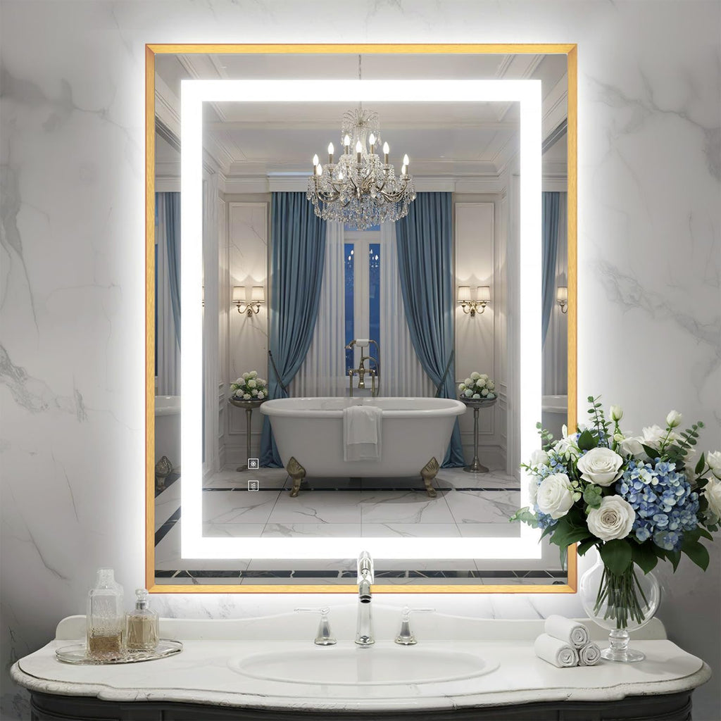 28X36 Inch LED Bathroom Mirror with Lights, Gold Frame Frontlit+ Backlit Bathroom Vanity Mirror for Wall, Ultra-Clear Tempered Glass, Shatter-Proof, Anti-Fog and Memory Function, ETL Listed