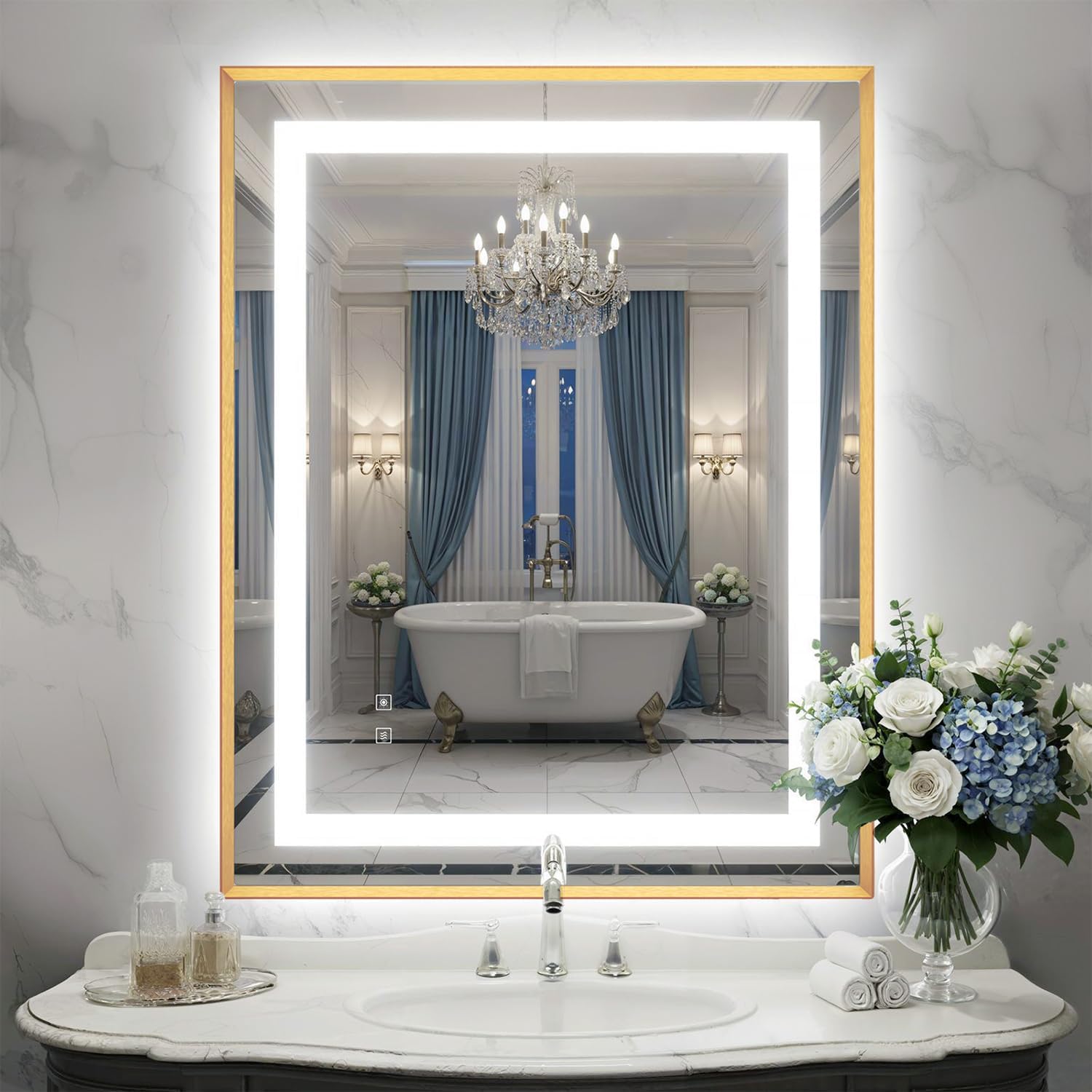 28X36 Inch LED Bathroom Mirror with Lights, Gold Frame Frontlit+ Backlit Bathroom Vanity Mirror for Wall, Ultra-Clear Tempered Glass, Shatter-Proof, Anti-Fog and Memory Function, ETL Listed
