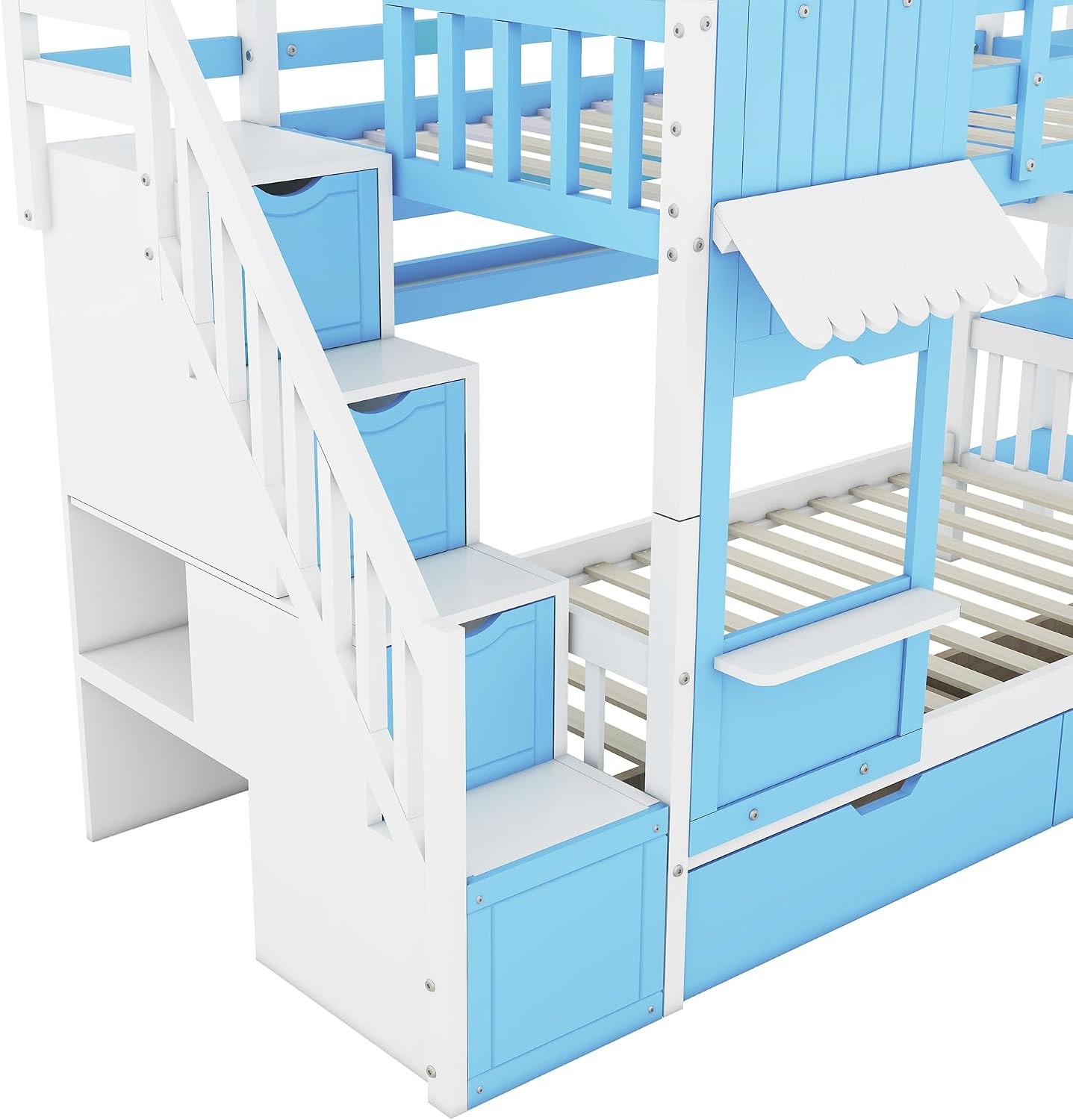 Harper & Bright Designs Twin Over Twin Bunk Bed with Stairs and Slide, Solid Wood Bunk Bed Frame with Storage Drawers and Bookshelf, for Kids Teens Girls Boys (Blue)