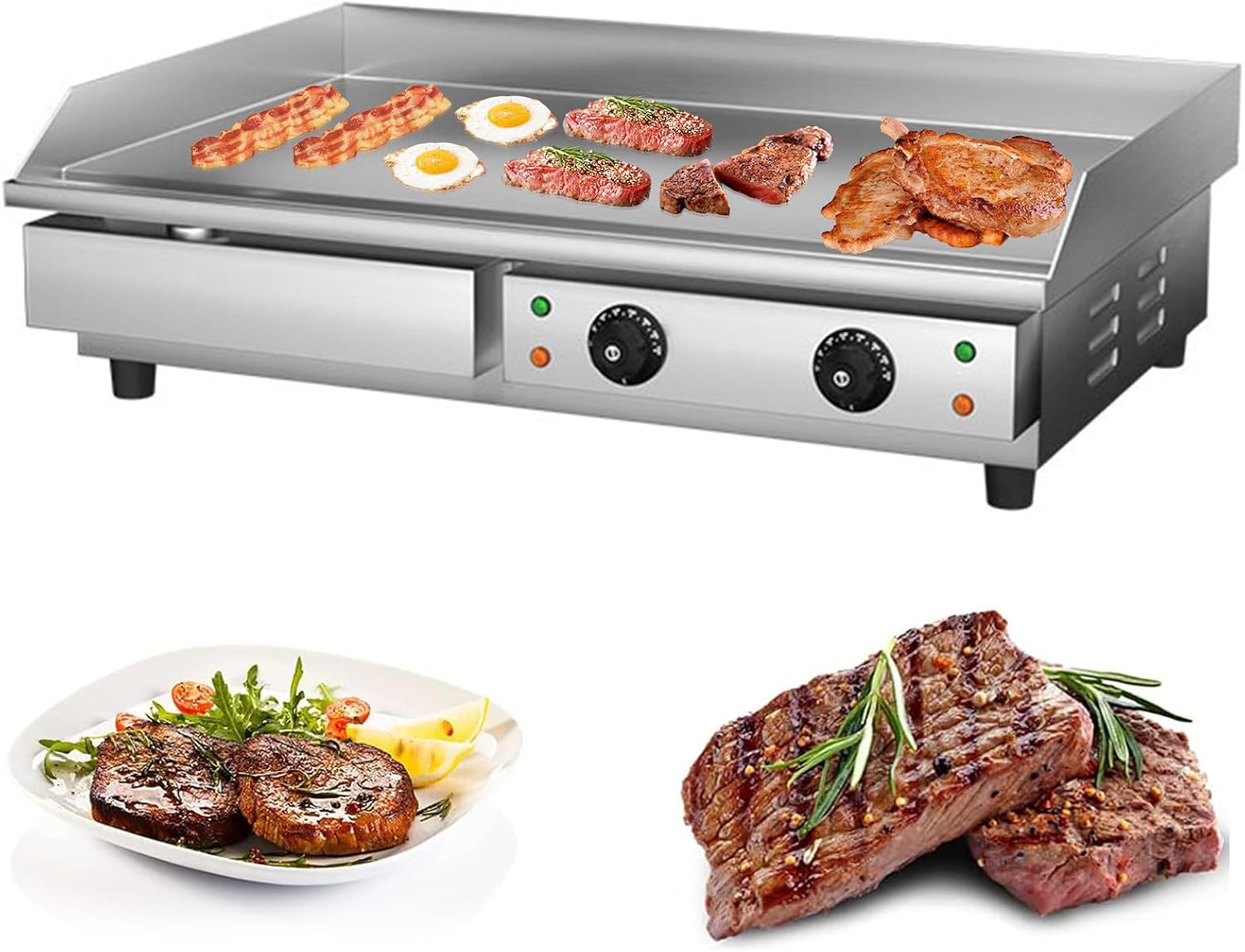 Commercial Electric Griddle 29 Inch Large Countertop Griddle Non-Stick Flat Top Grill Stainless Steel Pancake Griddle with Adjustable Temperature 122°F-572°F