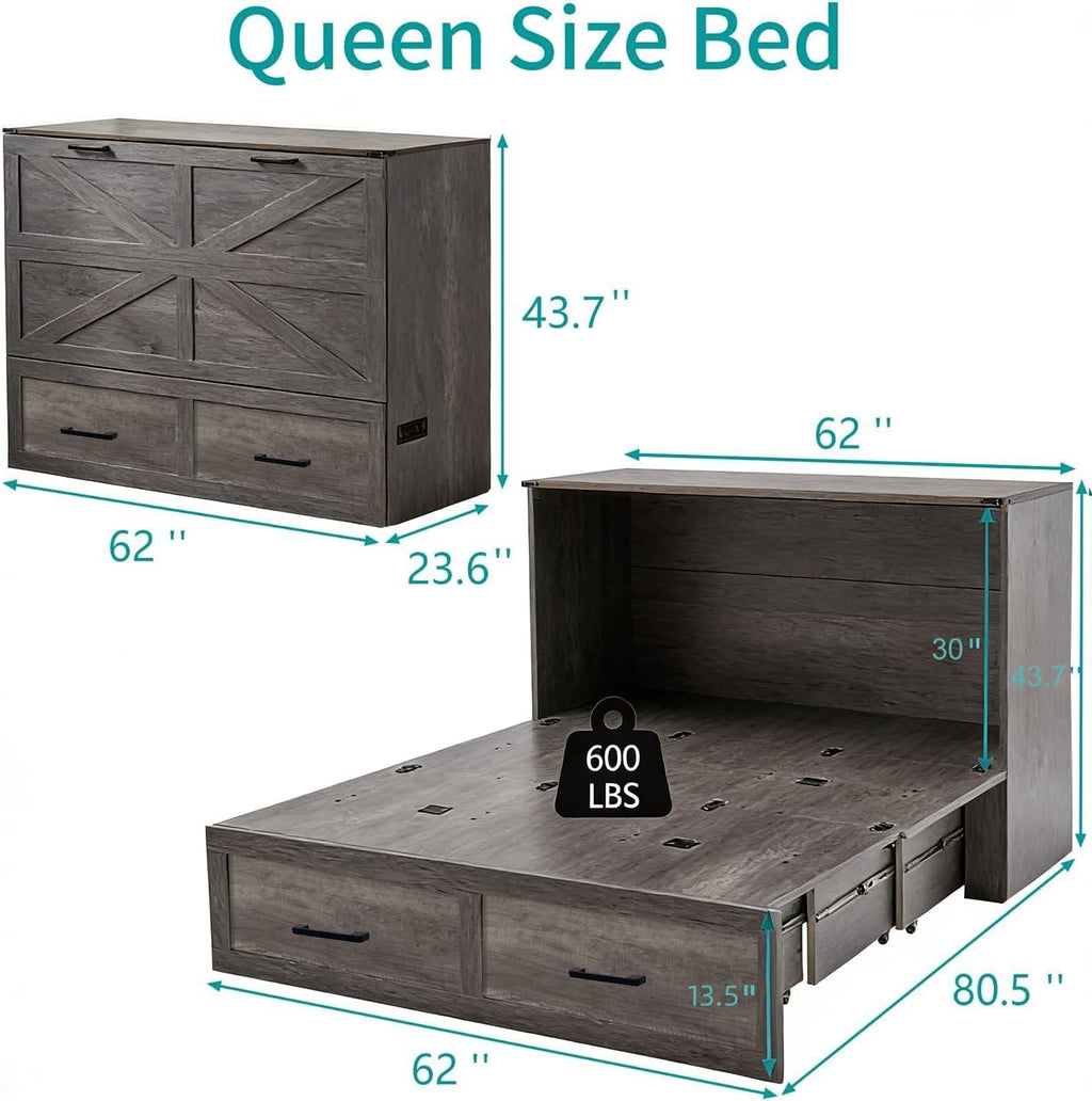 Queen Murphy Bed Cabinet with Charging Station and Storage, Farmhouse Foldable Platform Bed for Bedroom, Living Room, Guest Bedroom,Home Office,Rutic Grey (Queen Size)