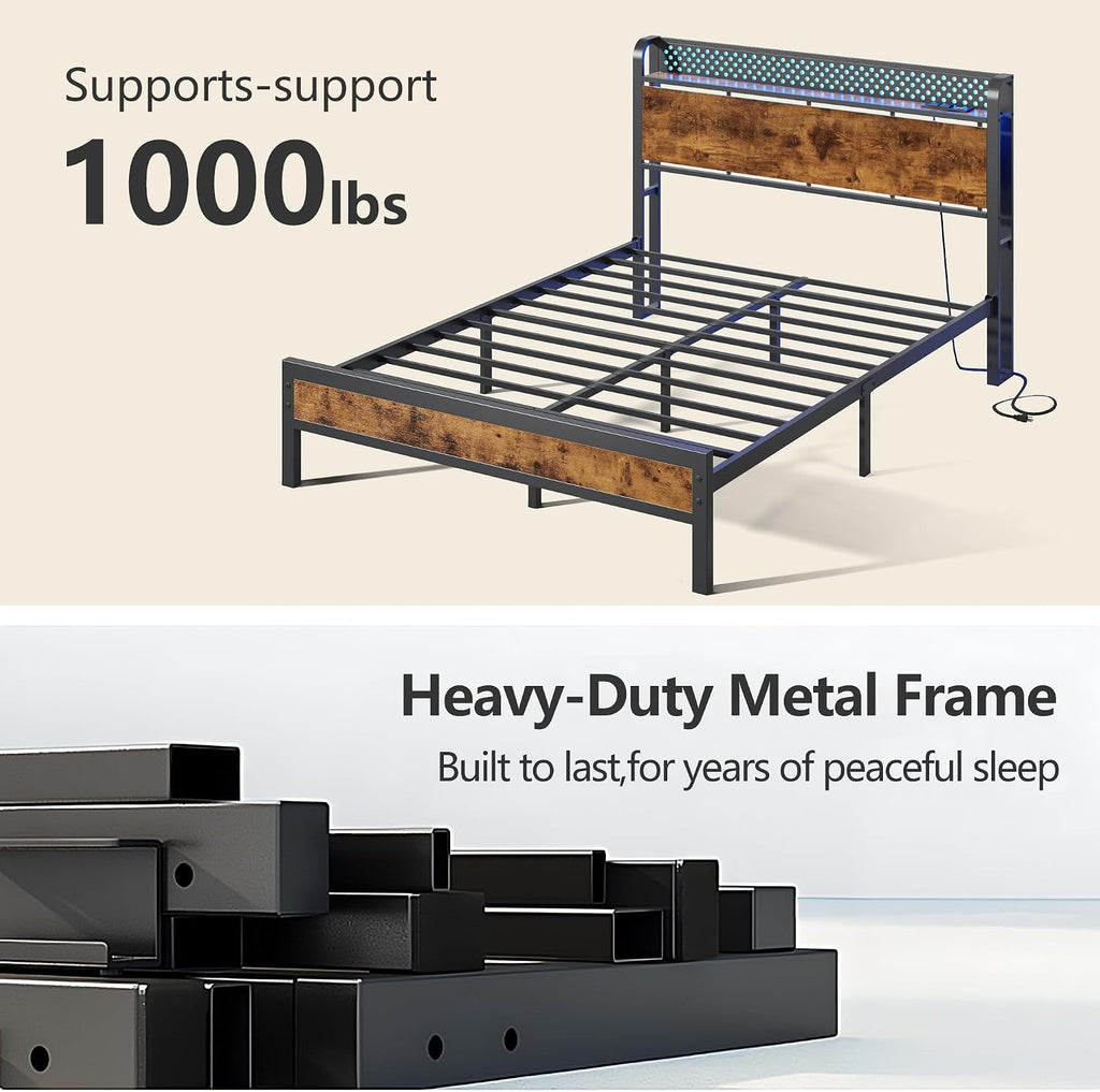 Furnulem Queen Bed Frame with Headboard Storage, Bed Frame Queen Size with Charging Station and LED Lights No Box Spring Needed,Heavy Duty Steel Slats,Noise Free