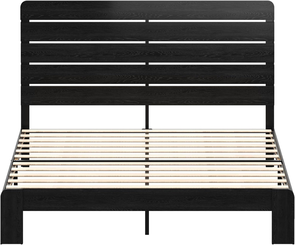 Wooden King Size Bed Frame with Headboard, Rustic Farmhouse Platform Bedframe with Wood Slat Support, Sturdy and No Noise, Easy Assembly (Black, King)