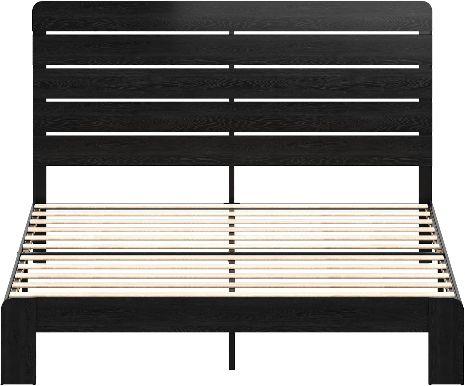 Wooden King Size Bed Frame with Headboard, Rustic Farmhouse Platform Bedframe with Wood Slat Support, Sturdy and No Noise, Easy Assembly (Black, King)