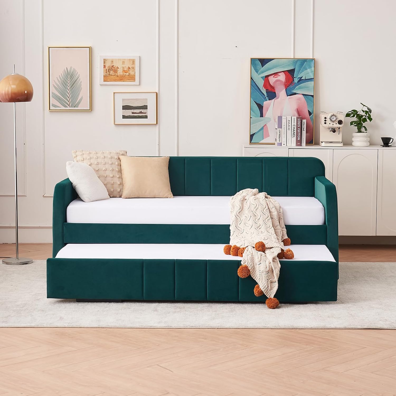 Twin to King Daybed with Trundle, USB Ports, Velvet Upholstered Daybed with Pop Up Trundle Bed, Modern Extendable Day Bed Frame for Kid Adult Bedroom Living Room Guest Room Small Places Emerald