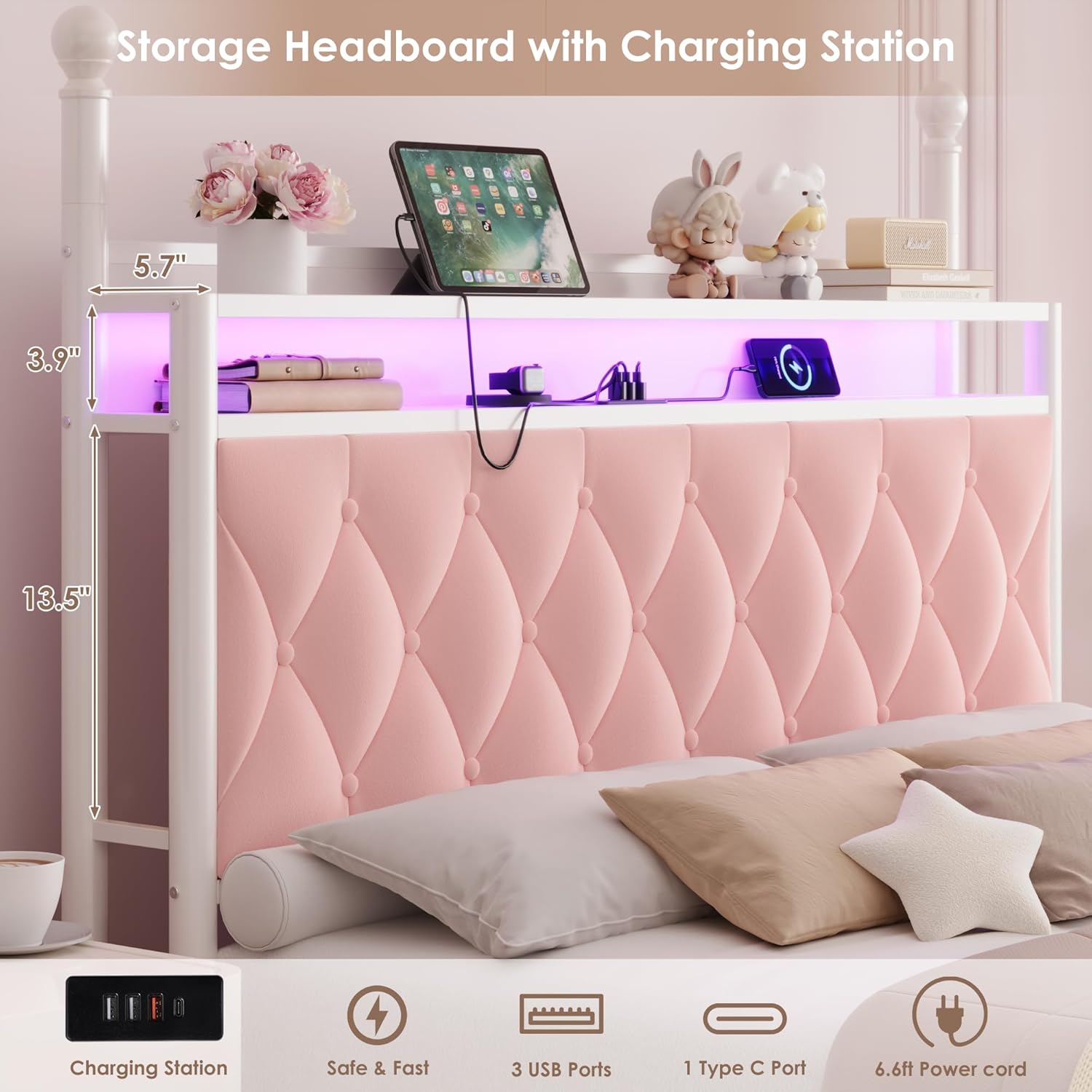 HIFIT Full Size Upholstered LED Canopy Bed Frame with Storage and Charging Station, Button Tufted Storage Headboard with Bookshelf, Two-Use Metal Platform Bed with 4 Removable Posts & 2 Drawers, Pink
