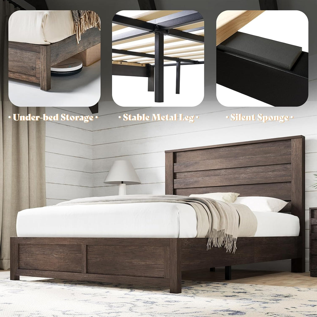AMERLIFE 2-Piece Farmhouse Bedroom Set, Full Bed Frame and Tall Dresser, Platform Bed with 49' Fluted Headboard, 547' Tall Chest of Drawers with Slat Handles, Gray