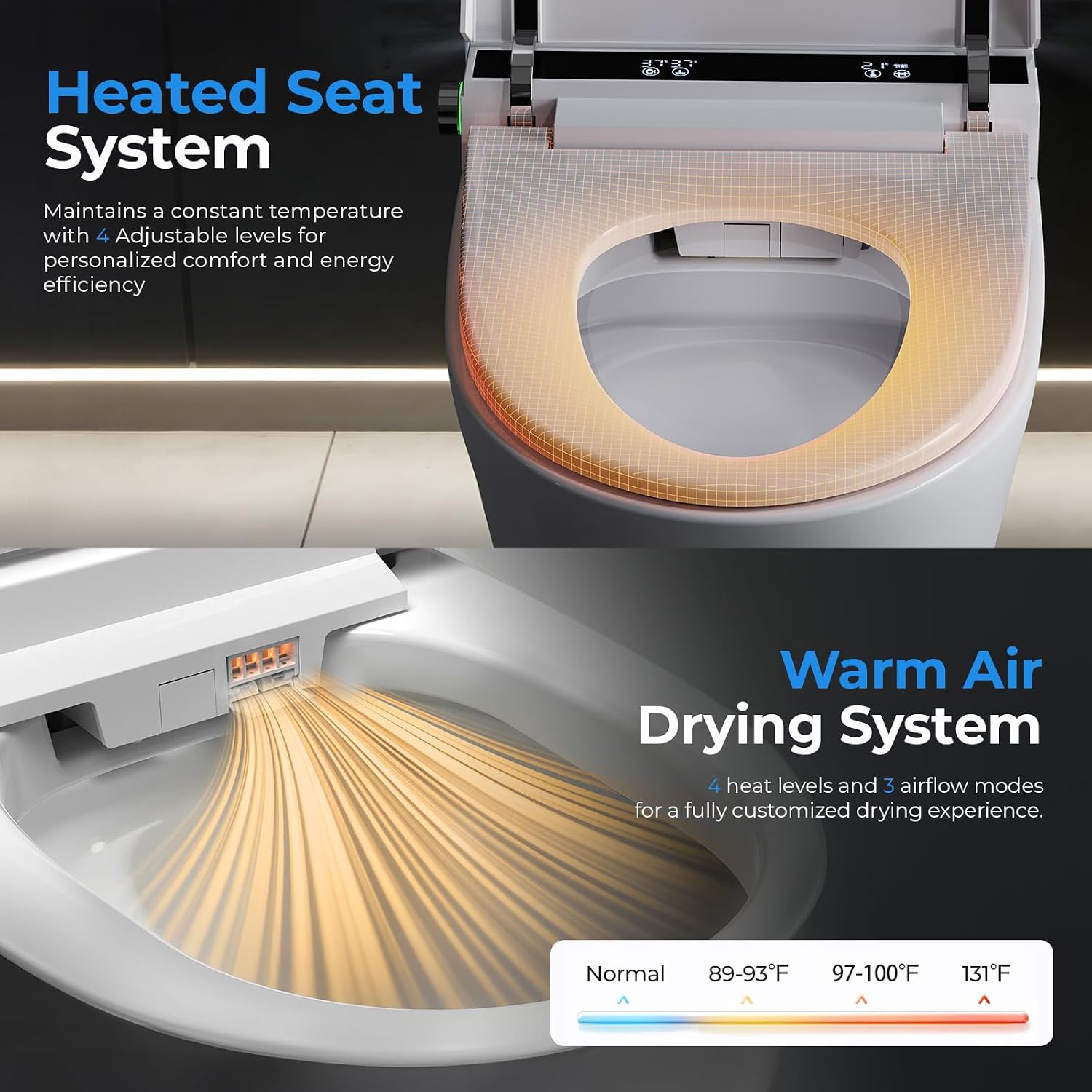 Smart Toilet With Built-in Tank Bidet, Heated Seat & Foot Sensor, Tankless Modern Elongated Electric Toilet with Warm Water Wash, Air Dryer, LED Display & 1.28 GPF