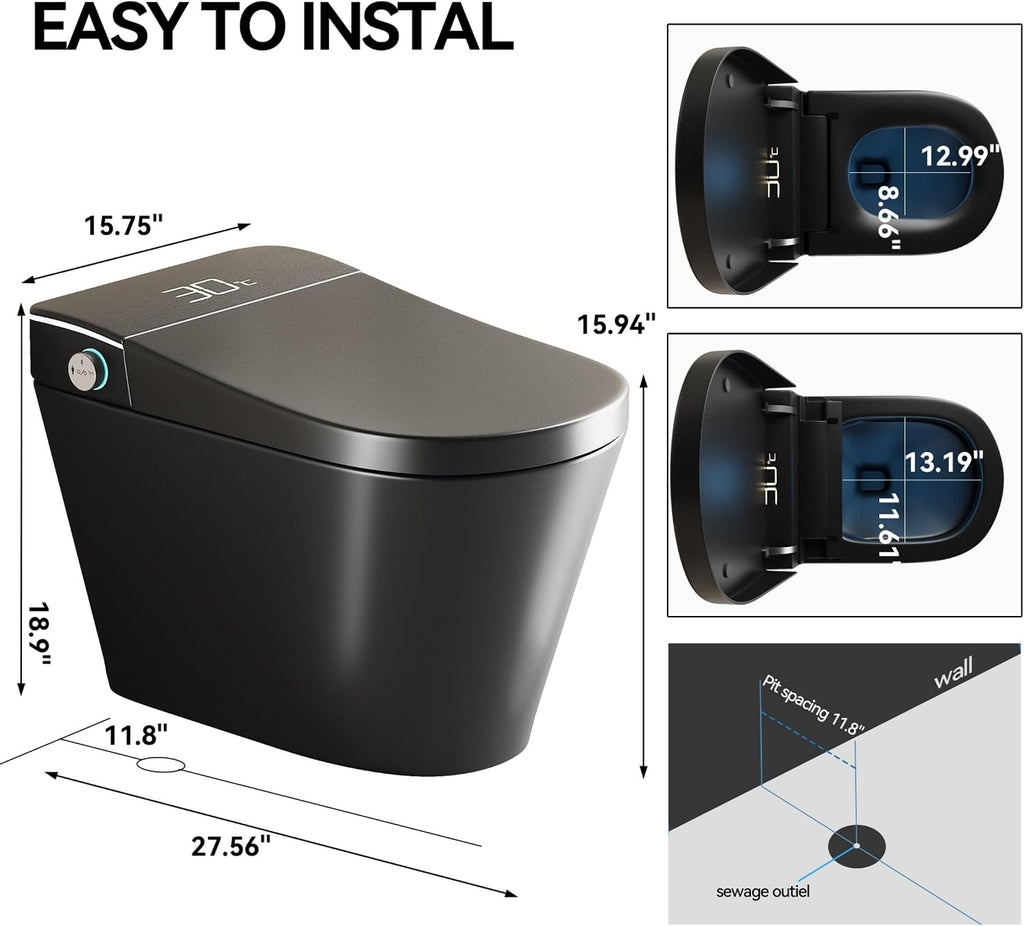 Smart Toilet,One Piece Toilet,Ceramic Toilet with Bidet Built in & Dryer, Auto Open/Close, Instant Warm Water,Heated Seat,Sensing Distance, Black
