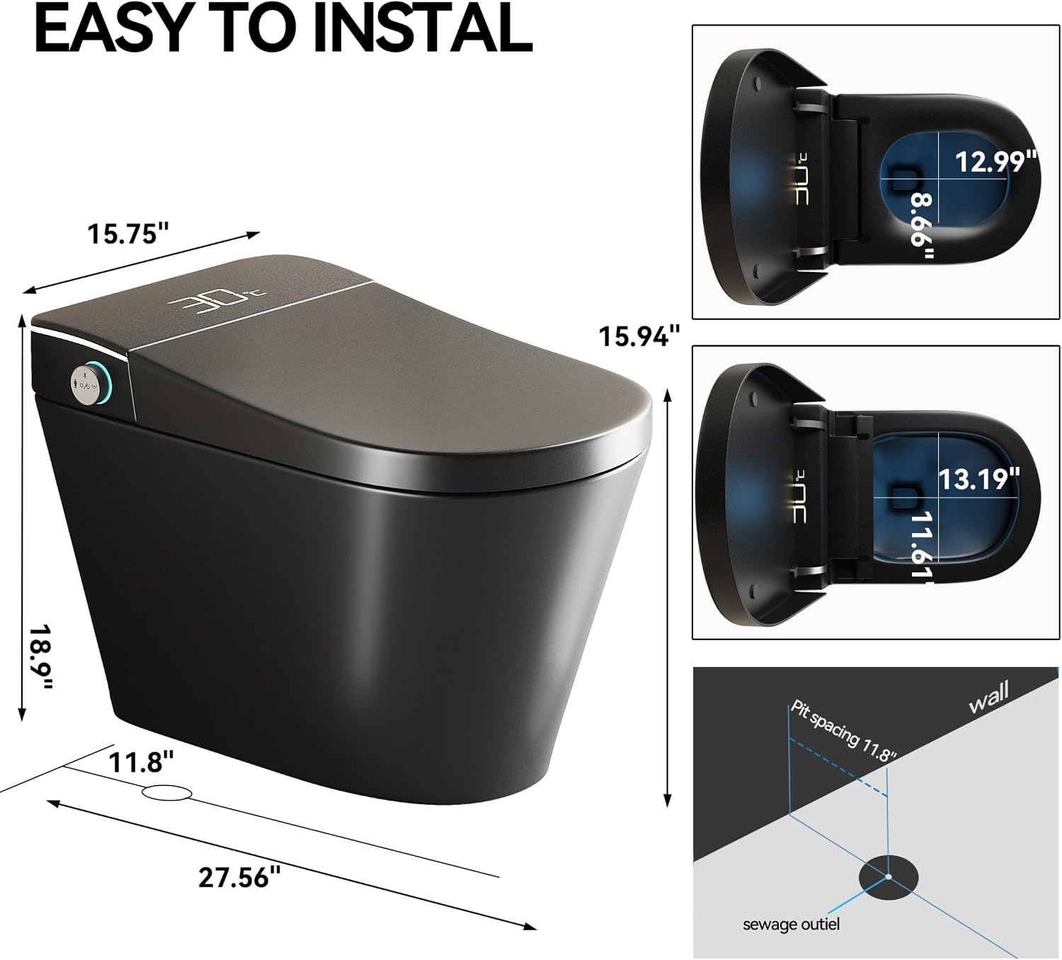 Smart Toilet,One Piece Toilet,Ceramic Toilet with Bidet Built in & Dryer, Auto Open/Close, Instant Warm Water,Heated Seat,Sensing Distance, Black