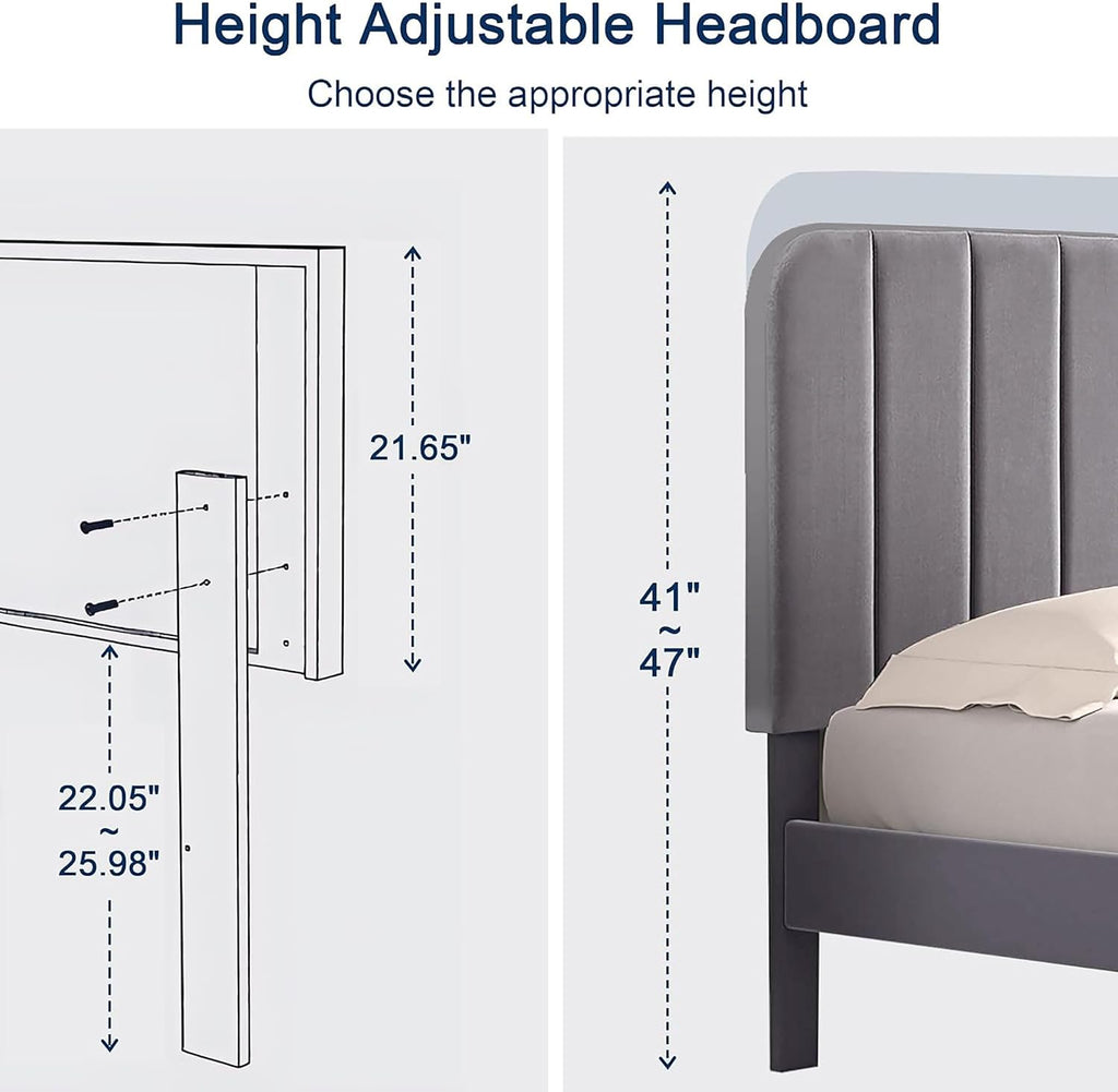 VECELO Full Size Upholstered Bed Frame with Adjustable Headboard, Velvet Platform Bedframe Mattress Foundation, Strong Wood Slat Support, No Box Spring Needed, Charcoal Grey