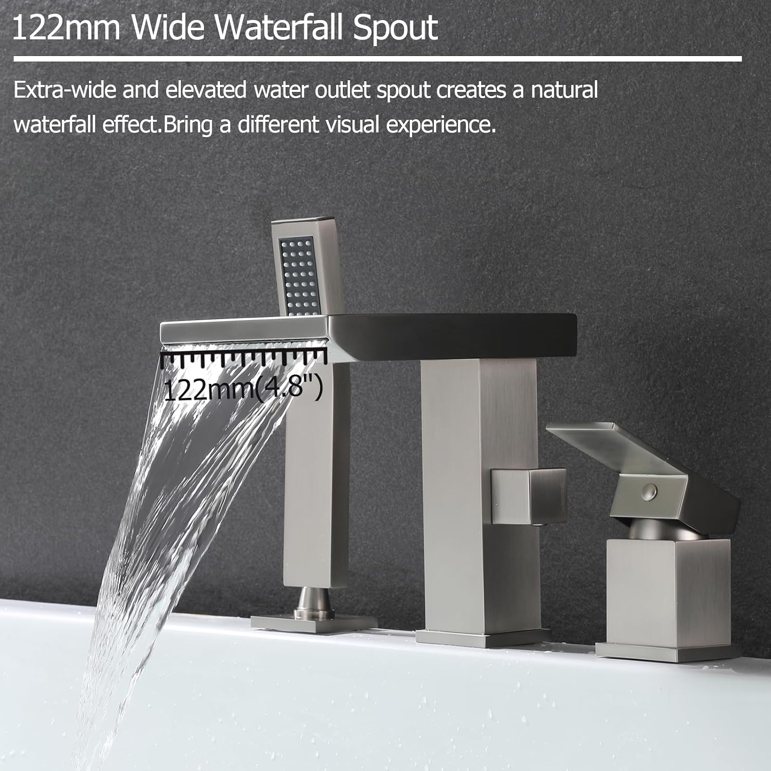 Waterfall Roman Tub Faucet with Hand Shower, Deck Mount Tub Filler Bathtub Faucet with Sprayer, Brass Widespread 3 Hole Bathtub Shower Faucet Set, Brushed Nickel