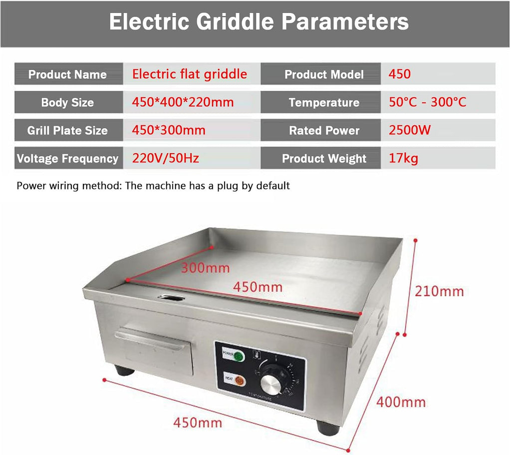 Electric Commercial Griddle Plate, 2500W Electric Countertop Flat Top Griddle with Adjustable Thermostat Removable Oil Drawer Splash Guards, Stainless Steel Restaurant Grill for Kitchen
