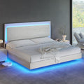 AMERLIFE King Floating Bed Frame, Farmhouse Bed Frame with Recline Headboard, No Box Spring Needed/Noise Free, Platform Bed with LED Light, Distressed White
