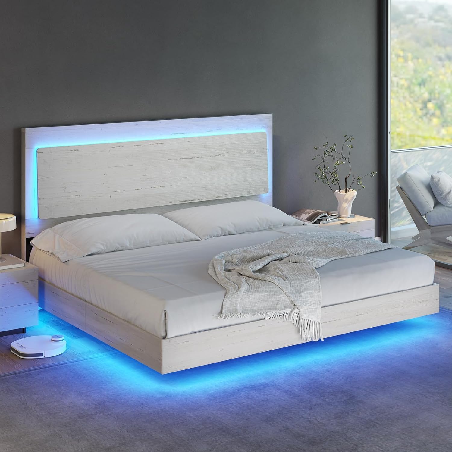 AMERLIFE King Floating Bed Frame, Farmhouse Bed Frame with Recline Headboard, No Box Spring Needed/Noise Free, Platform Bed with LED Light, Distressed White