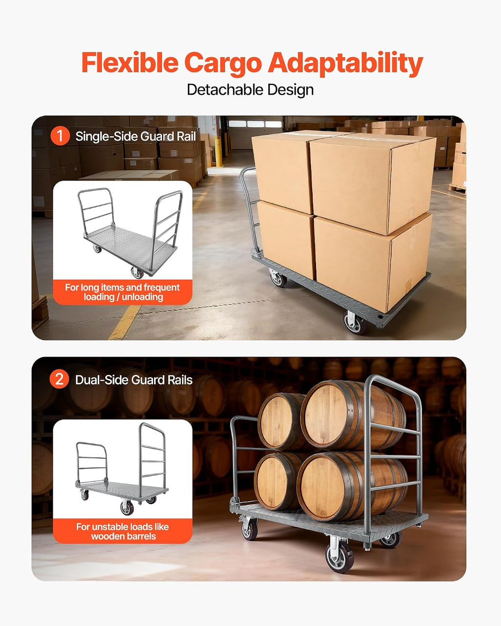 VEVOR 2 in 1Platform Truck, 2650 LBS Heavy Duty Flatbed Cart Dolly with Detachable Rear Guardrail and Swivel Wheels, Foldable Hand Push Truck Cart for Groceries, Garage, Warehouse (48'×24')