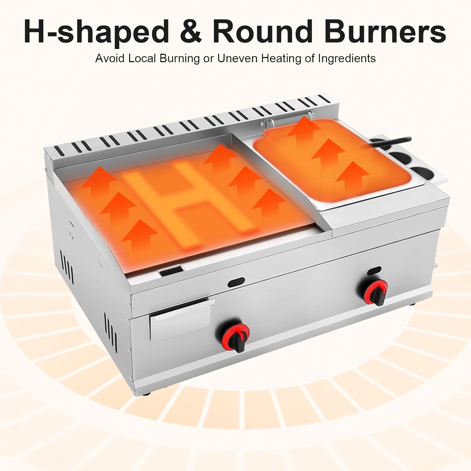 Commercial Propane Deep Fryer and Flat Top Griddle, Stainless Steel Countertop Griddle with Frying Basket Seasoning Box and Temp Control, 1.59Gal Tank Deep Fryer for Canteen Food Street Restaurant Etc