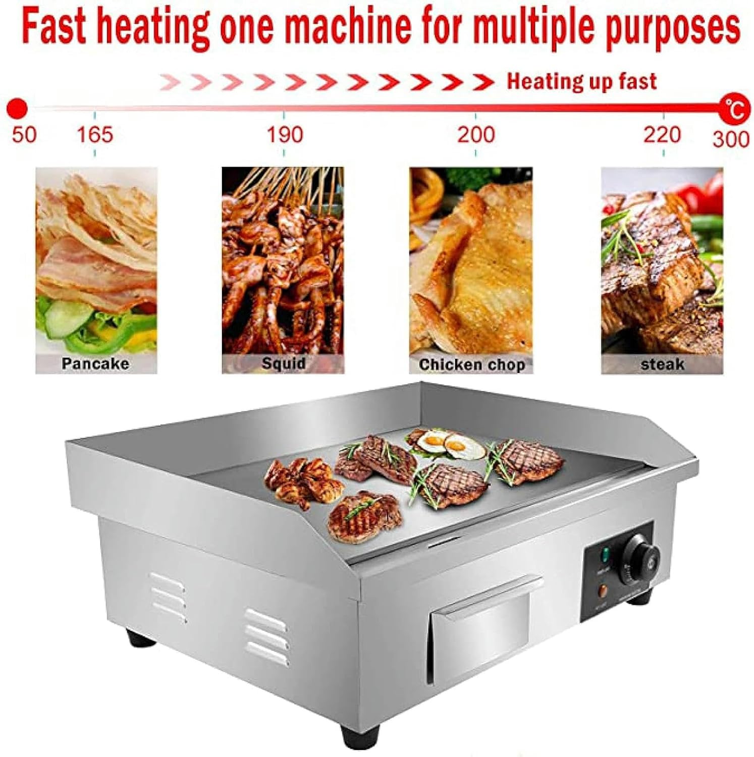 Commercial Electric Countertop Griddle Nonstick Stainless Steel Flat Top Grill Hot Plate BBQ, Adjustable Thermostatic Control, 21.6'x13.7'