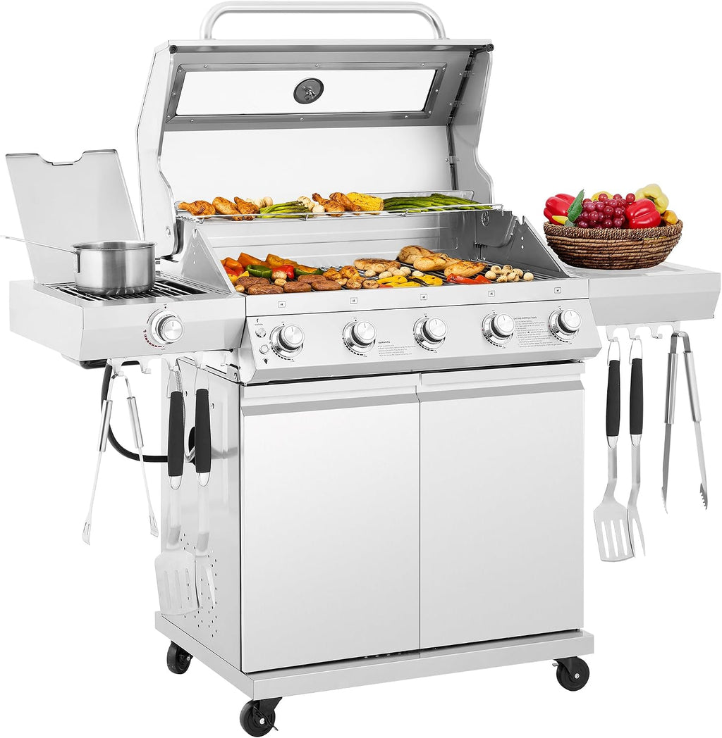 GEA5001S Deluxe Stainless Steel 5-Burner Gas Grill, Bilateral Stainless Steel Side Shelf, With Hook Cabinet Style Grill for Outdoor Grilling and Backyard Cooking, Silver