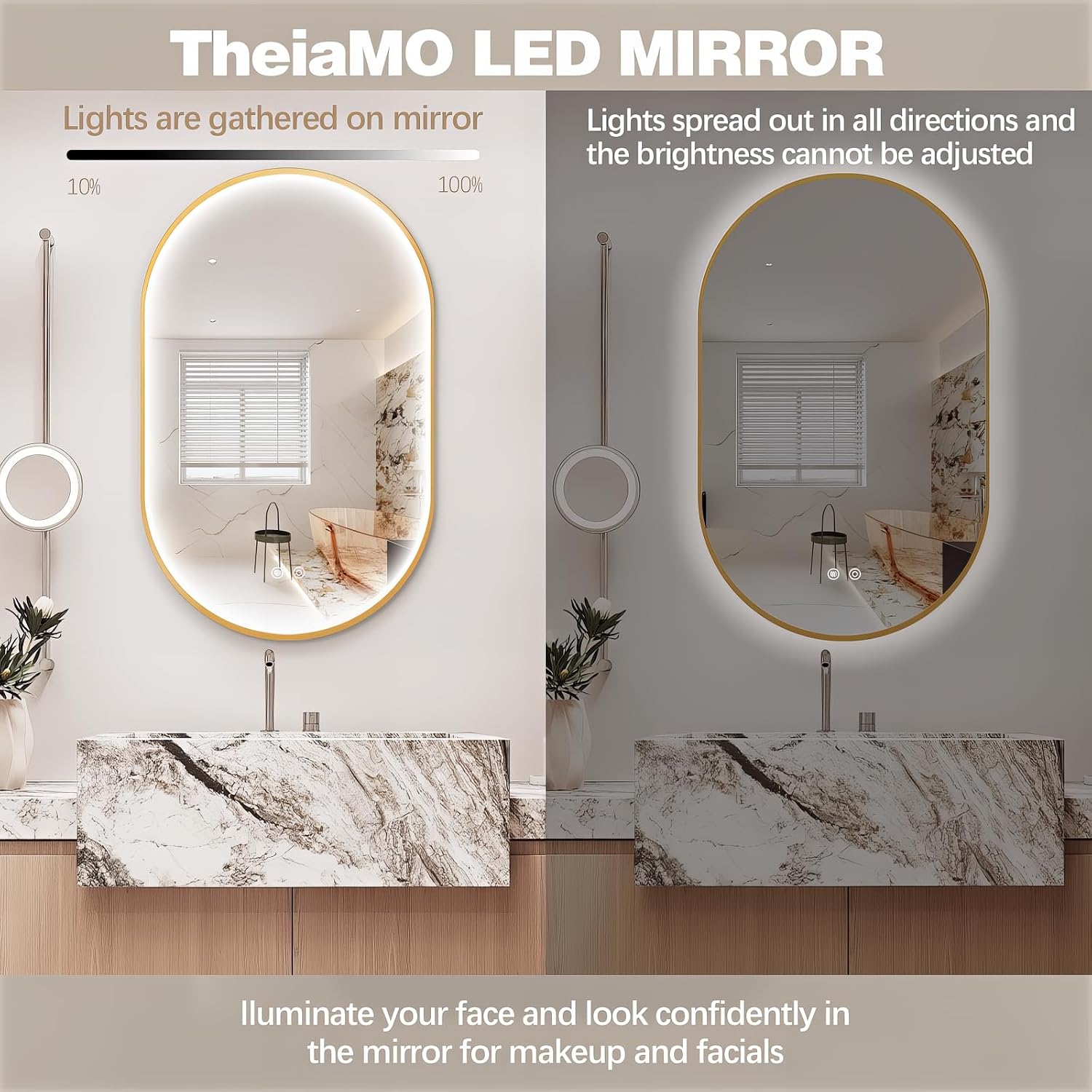 32'x20' Oval Led Mirror for Bathroom, Gold Metal Framed Lighted Vanity Mirror with Lights, Anti-Fog Light Up Mirror with 3 Colors Dimmable, Frontlit, Shatterproof, Horizontal/Vertical