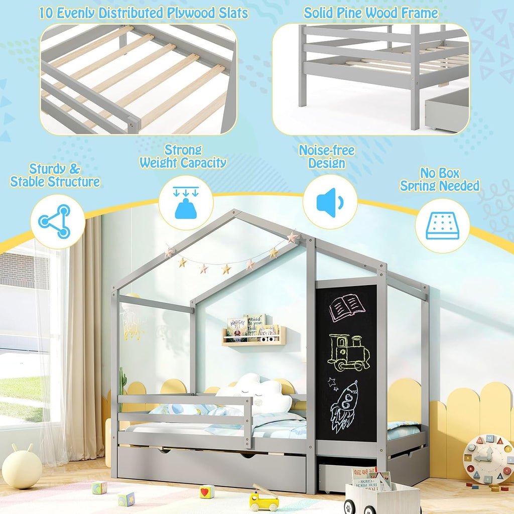 Giantex Twin Bed with 2 Storage Drawers, Solid Wood House Bed with Blackboard & Safety Guardrails, Twin House Bed w/Slats Support, No Box Spring Needed, Twin Bed Frames for Kids Girls Boys (Grey)