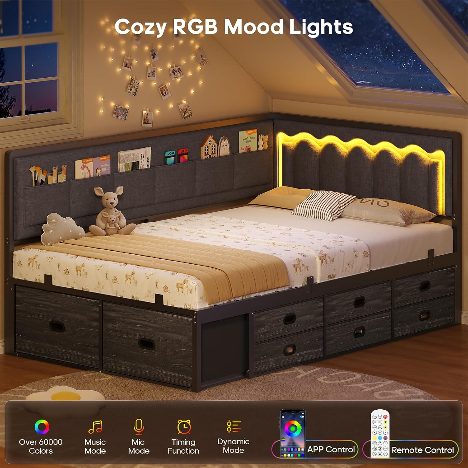 ADORNEVE Corner Bed Frame Twin with 8 Drawers, 6 Storage Pockets, Twin Daybed with Storage and RGB Wave Lights, Twin Size Platform Bed with L-Shaped Upholstered Guardrail for Kids Teen,Grey