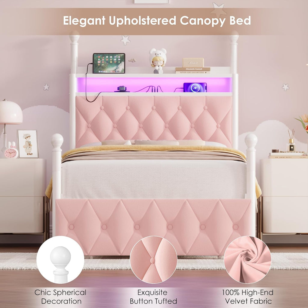 HIFIT Set of 2 Girls Twin Upholstered LED Canopy Bed Frame with Charging Station & Storage Drawer, Button Tufted Storage Headboard w/Bookshelf, Two-Use Kids Platform Bed frame w/4 Removable Post, Pink