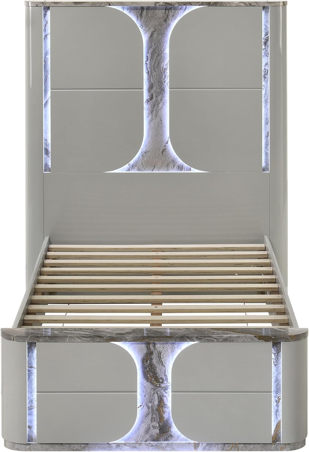 Furniture of America Bruna Modern Wood 5-Piece Bedroom Set with Touch-Control LED Bed, Felt-Lined Top Drawer and LED on Nightstands and Dresser with Mirror, No Box Spring Needed, Twin, Light Gray