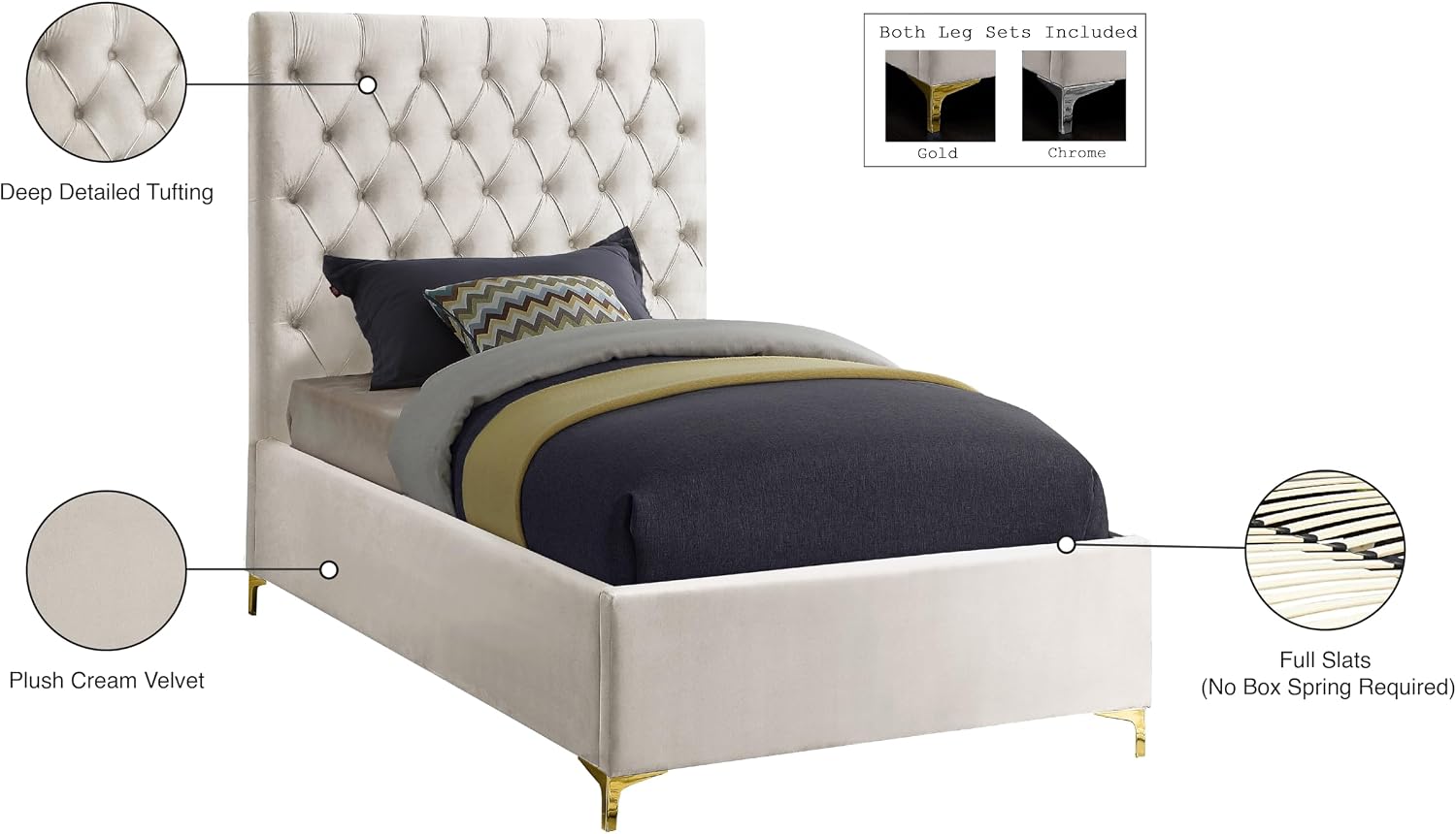 Meridian Furniture Cruz Collection Modern | Contemporary Velvet Upholstered Bed with Deep Button Tufting and Complete Sets of Gold and Chrome Legs Included, Twin, Cream