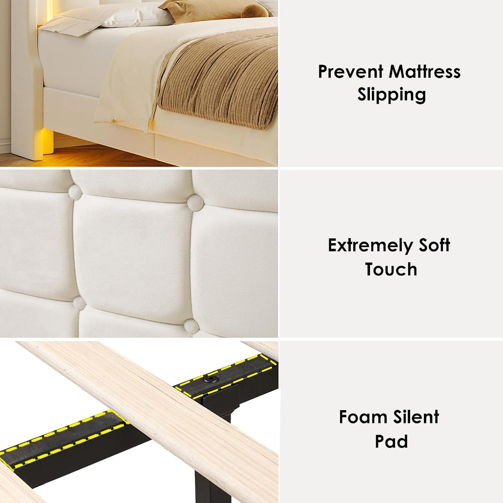 Keyluv Upholstered Twin Floating Bed Frame with RGB LED Lights and Charging Station, Velvet Platform Bed with Button Tufted Storage Headboard, Type-C & USB Charging Ports, No Box Spring Needed, Beige