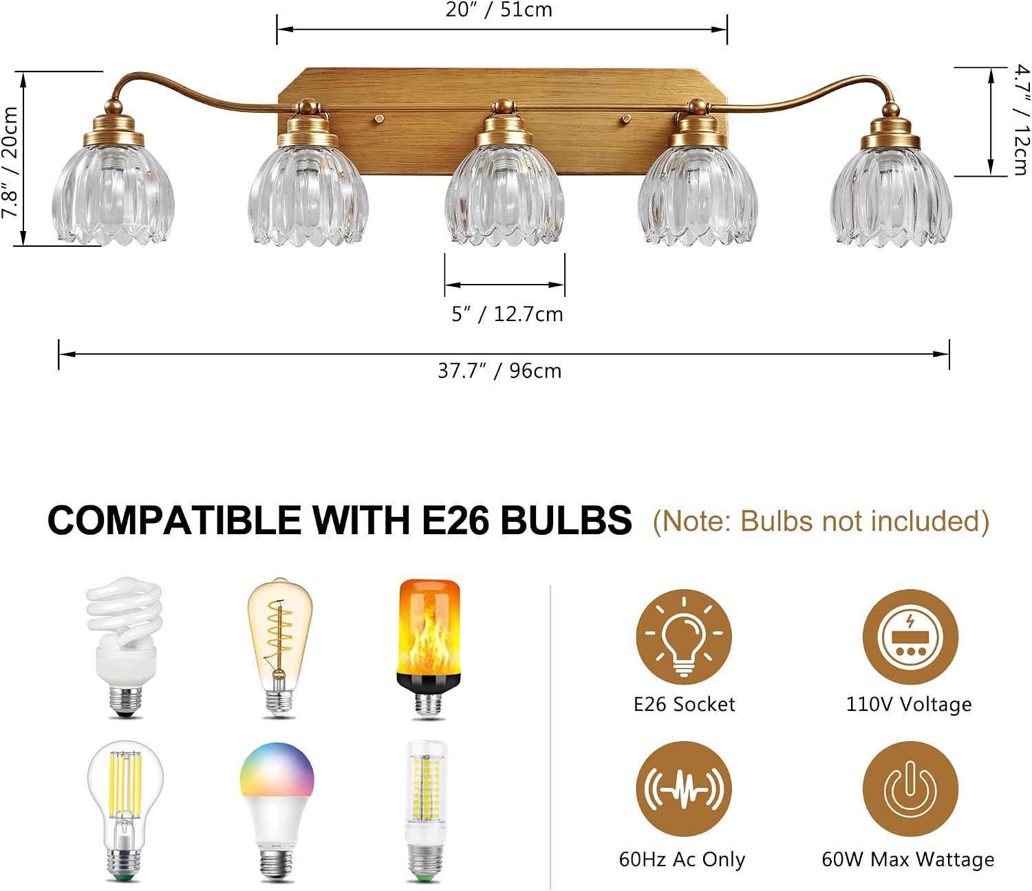 Vintage Bathroom Light Fixtures, 5 Light Gold Bathroom Vanity Light, Matte Antique Brass Finish with Crystal Glass Shade, Wall Sconces Lighting for Bedroom, Living Room, Hallway