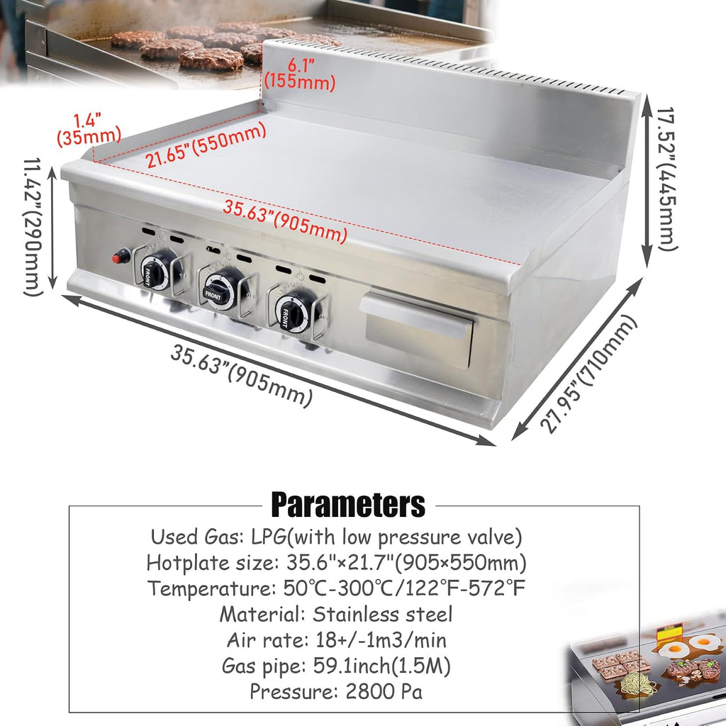 INTSUPERMAI Commercial Grill Griddle LPG Countertop Griddle 2800Pa Flat Top Grill Hot Plate Stove Stainless Steel Teppanyaki Grill Plate Size 35.63×21.65 in for Restaurant Kitchen Camping Outdoor BBQ