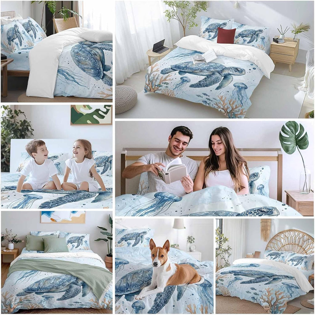 Marine Life Duvet Cover Set Queen Size 4 Pieces Blue Sea Turtle Jellyfish Fish Brown Coral Watercolor Bedding Set with Zipper Closure, 1 Comforter Cover 92x106 Inches 1 Flat Sheet & 2 Pillow Cases