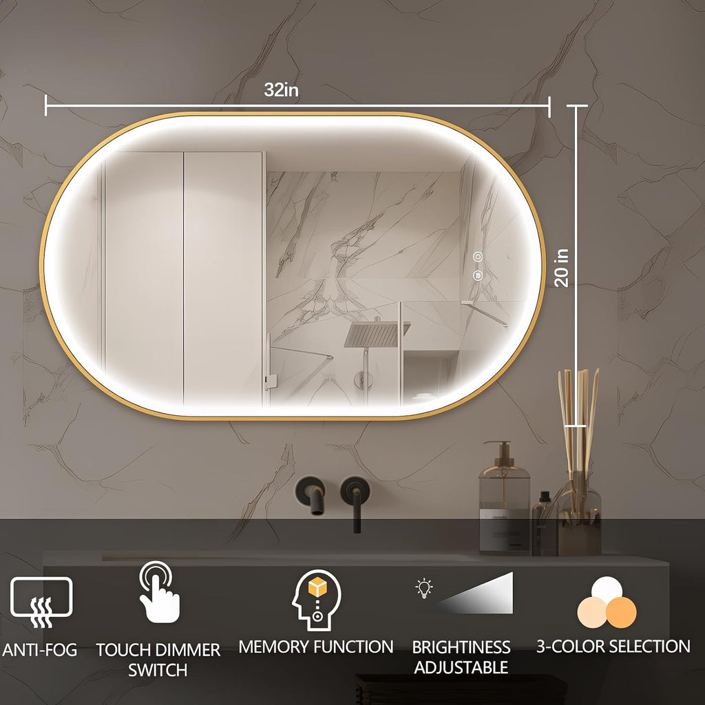 32'x20' Oval Led Mirror for Bathroom, Gold Metal Framed Lighted Vanity Mirror with Lights, Anti-Fog Light Up Mirror with 3 Colors Dimmable, Frontlit, Shatterproof, Horizontal/Vertical