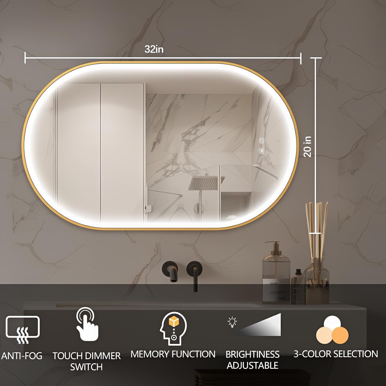 32'x20' Oval Led Mirror for Bathroom, Gold Metal Framed Lighted Vanity Mirror with Lights, Anti-Fog Light Up Mirror with 3 Colors Dimmable, Frontlit, Shatterproof, Horizontal/Vertical