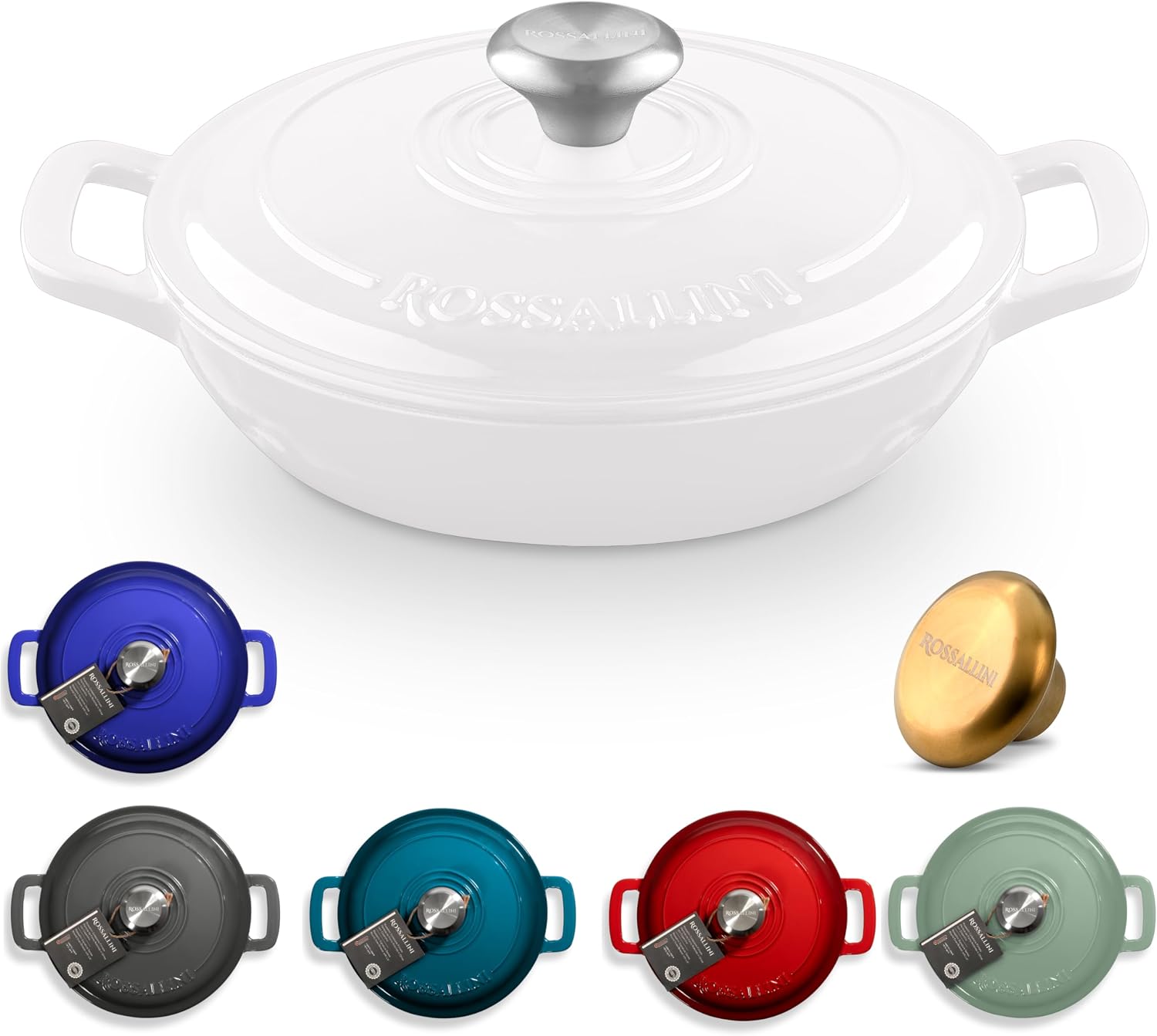 ROSSALLINI Signature Enameled Cast Iron Braiser, Non-Stick Serving Pot with Tight Fitting Lid for Perfect Roasting, Baking, Sauteing, Searing, and Pan Frying | 2.25Q (2.1L) - White