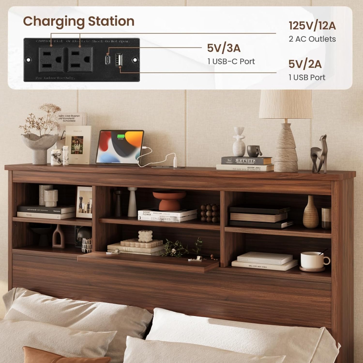 4-Pieces Queen Size Bedroom Set, Platform Bed Frame with Storage Headboard USB-Port, 1 Dresser with 5 Cabinet Drawers and 2 Nightstands with 2 Drawers, for Boys Girls Adults, Walnut