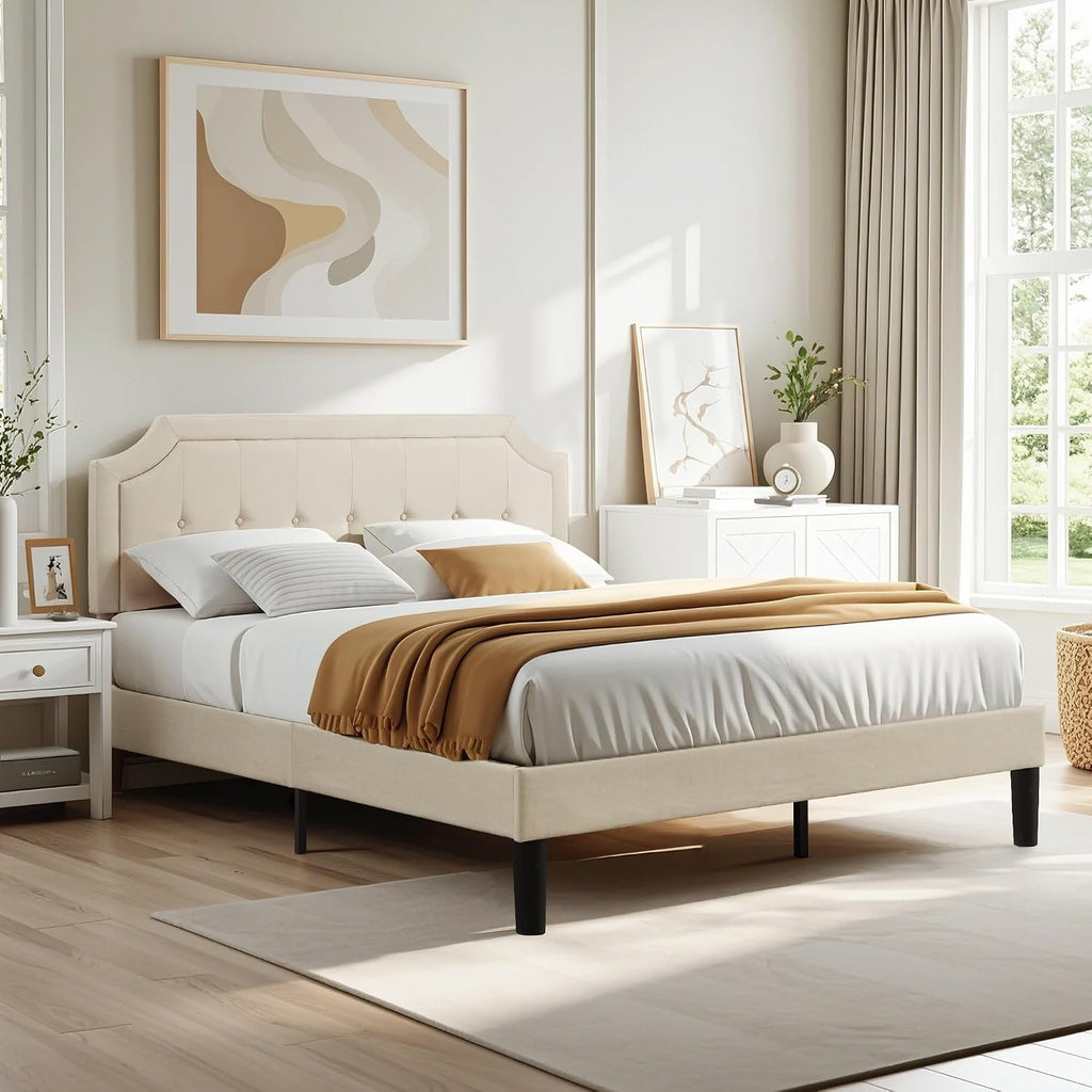 VECELO Full Size Platform Bed Frame with Fabric Upholstered Headboard and Wooden Slats Support, No Box Spring Needed/Easy Assembly,Beige