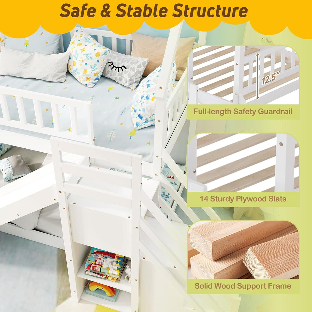 KOMFOTT Wood Twin Over Twin Bunk Bed with Slide & Staircase, Twin House Bunk Bed with Safety Guardrails & Storage, Floor House Bed with Wooden Slat Support for Boys Girls, No Box Spring Needed (White)