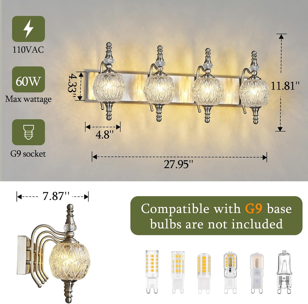 Modern Crystal Bathroom Vanity Lights Fixtures Over Mirror Brushed Nickel Vintage 4-Lights 28 Inch Bathroom Light Fixtures Glass Crystal Vanity Lights
